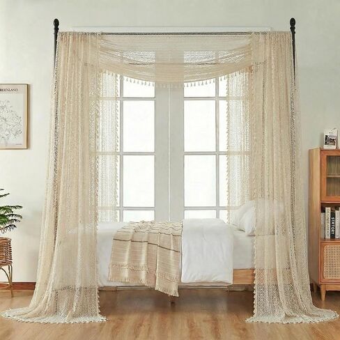 NAPEARL Lace Curtain Scarf Bed Canopy Curtains Bohemian Window Scarf Valance Boho Decor Elegant Sheer Fabric Ideal for Bedroom, Living Room& Dining Room (Beige,57" W X 216" L (Pack of 1)) in Saudi Arabia
