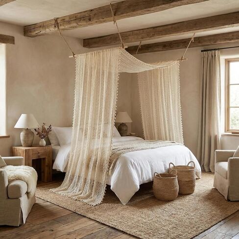 NAPEARL Lace Curtain Scarf Bed Canopy Curtains Bohemian Window Scarf Valance Boho Decor Elegant Sheer Fabric Ideal for Bedroom, Living Room& Dining Room (Beige,57" W X 216" L (Pack of 1)) in Saudi Arabia