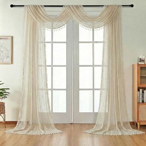 NAPEARL Lace Curtain Scarf Bed Canopy Curtains Bohemian Window Scarf Valance Boho Decor Elegant Sheer Fabric Ideal for Bedroom, Living Room& Dining Room (Beige,57" W X 216" L (Pack of 1)) in Saudi Arabia