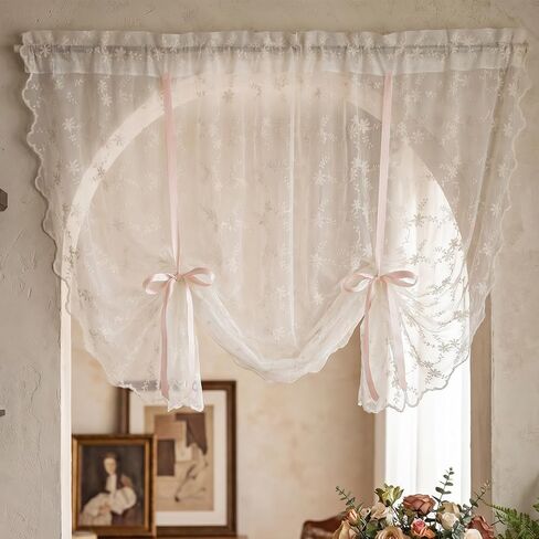 Lace Tie up Curtains, Beige Floral Bowknot Balloon Sheer Curtains for Kitchen Windows, Rod Pocket Light Filtering Tier Valance for Cafe Small Window (55w X 39l Inch) in Saudi Arabia