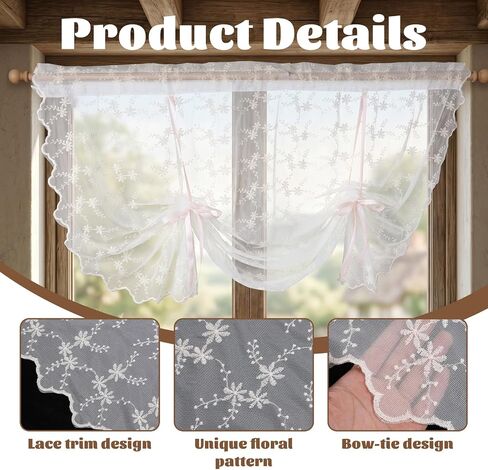 Lace Tie up Curtains, Beige Floral Bowknot Balloon Sheer Curtains for Kitchen Windows, Rod Pocket Light Filtering Tier Valance for Cafe Small Window (55w X 39l Inch) in Saudi Arabia