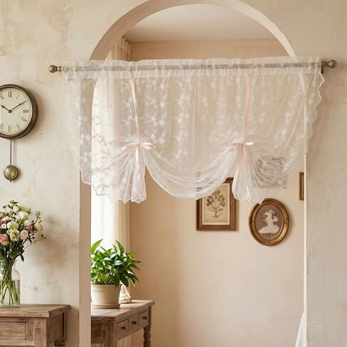 Lace Tie up Curtains, Beige Floral Bowknot Balloon Sheer Curtains for Kitchen Windows, Rod Pocket Light Filtering Tier Valance for Cafe Small Window (55w X 39l Inch) in Saudi Arabia