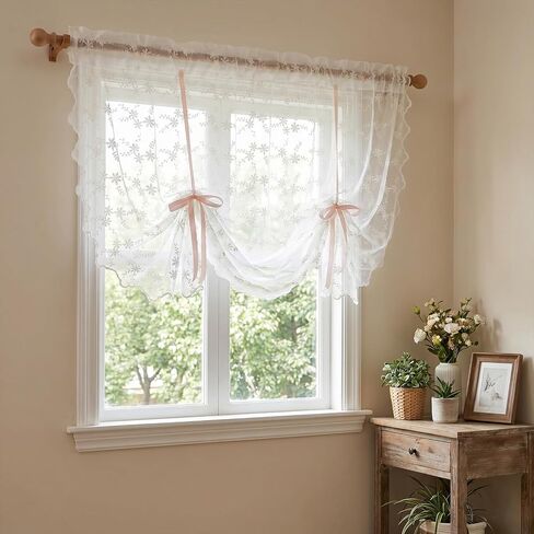 Lace Tie up Curtains, Beige Floral Bowknot Balloon Sheer Curtains for Kitchen Windows, Rod Pocket Light Filtering Tier Valance for Cafe Small Window (55w X 39l Inch) in Saudi Arabia