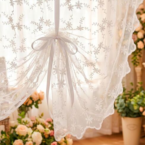 Lace Tie up Curtains, Beige Floral Bowknot Balloon Sheer Curtains for Kitchen Windows, Rod Pocket Light Filtering Tier Valance for Cafe Small Window (55w X 39l Inch) in Saudi Arabia