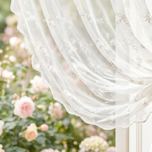 Lace Tie up Curtains, Beige Floral Bowknot Balloon Sheer Curtains for Kitchen Windows, Rod Pocket Light Filtering Tier Valance for Cafe Small Window (55w X 39l Inch) in Saudi Arabia