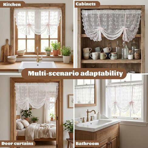 Lace Tie up Curtains, Beige Floral Bowknot Balloon Sheer Curtains for Kitchen Windows, Rod Pocket Light Filtering Tier Valance for Cafe Small Window (55w X 39l Inch) in Saudi Arabia