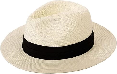 Ladies Fashion Straw Panama Hat, White, Wide Brim, Beach Sun Hat for Women, (11.5 x 13 x 5 Inch) in Saudi Arabia