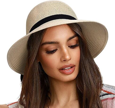 Ladies Fashion Straw Panama Hat, White, Wide Brim, Beach Sun Hat for Women, (11.5 x 13 x 5 Inch) in Saudi Arabia