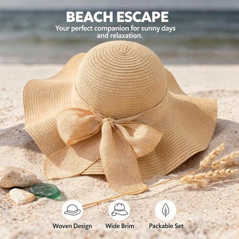 Khaki Women's Straw Hat and Bag Set, Wide Brim Summer Beach Sun Hat with Bow, Handmade Woven Packable Design in Saudi Arabia