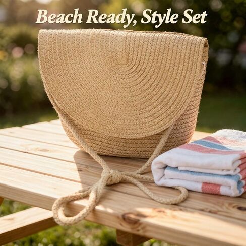 Khaki Women's Straw Hat and Bag Set, Wide Brim Summer Beach Sun Hat with Bow, Handmade Woven Packable Design in Saudi Arabia
