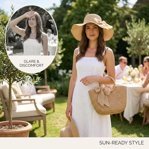 Khaki Women's Straw Hat and Bag Set, Wide Brim Summer Beach Sun Hat with Bow, Handmade Woven Packable Design in Saudi Arabia