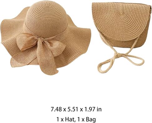 Khaki Women's Straw Hat and Bag Set, Wide Brim Summer Beach Sun Hat with Bow, Handmade Woven Packable Design in Saudi Arabia