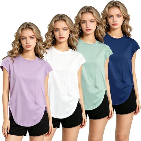 4 Pack Women's Workout Shirts UPF 50+ Sun Protection Quick Dry Athletic Tops Breathable Short Sleeve Crew Neck Split Hem Loose Fit Running Gym Yoga Tee Casual Active Wear-XL Multicolor in Saudi Arabia