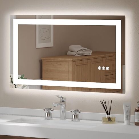 USHOWER LED Bathroom Mirror 40x24 Inch Tempered Glass - Frameless LED Backlit Lighted Mirror for Bathroom Vanity with Anti-Fog, 3 Colors Dimmable, Memory Function, Wall-Mounted in Saudi Arabia