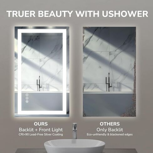 USHOWER LED Bathroom Mirror 40x24 Inch Tempered Glass - Frameless LED Backlit Lighted Mirror for Bathroom Vanity with Anti-Fog, 3 Colors Dimmable, Memory Function, Wall-Mounted in Saudi Arabia