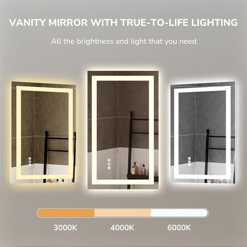 USHOWER LED Bathroom Mirror 40x24 Inch Tempered Glass - Frameless LED Backlit Lighted Mirror for Bathroom Vanity with Anti-Fog, 3 Colors Dimmable, Memory Function, Wall-Mounted in Saudi Arabia