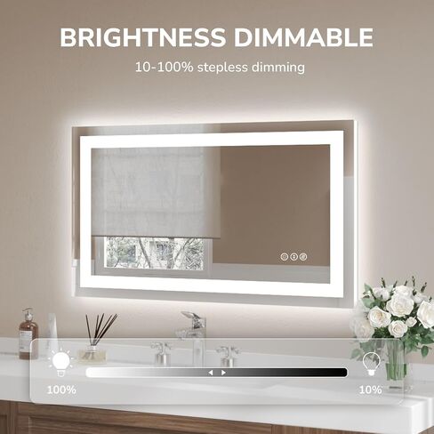 USHOWER LED Bathroom Mirror 40x24 Inch Tempered Glass - Frameless LED Backlit Lighted Mirror for Bathroom Vanity with Anti-Fog, 3 Colors Dimmable, Memory Function, Wall-Mounted in Saudi Arabia