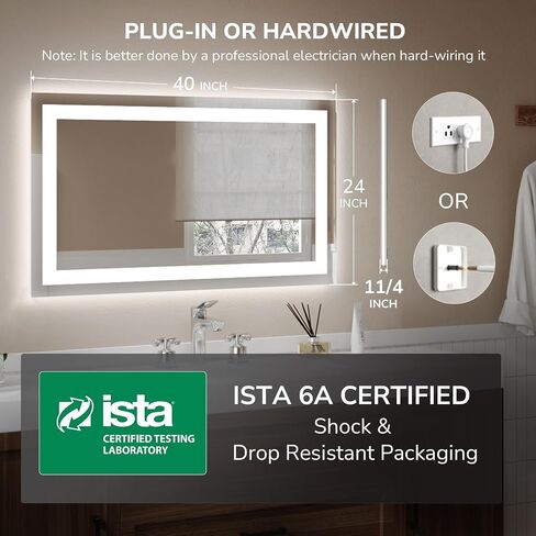 USHOWER LED Bathroom Mirror 40x24 Inch Tempered Glass - Frameless LED Backlit Lighted Mirror for Bathroom Vanity with Anti-Fog, 3 Colors Dimmable, Memory Function, Wall-Mounted in Saudi Arabia