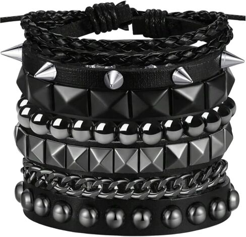 4 Pcs Leather Studded Bracelets, Punk Leather Rivets Bracelets, Wristband Bracelet Set For Men Women Rocker Outfits Skull Bracelet Accessories Set For 80s 90s Outfits in Saudi Arabia