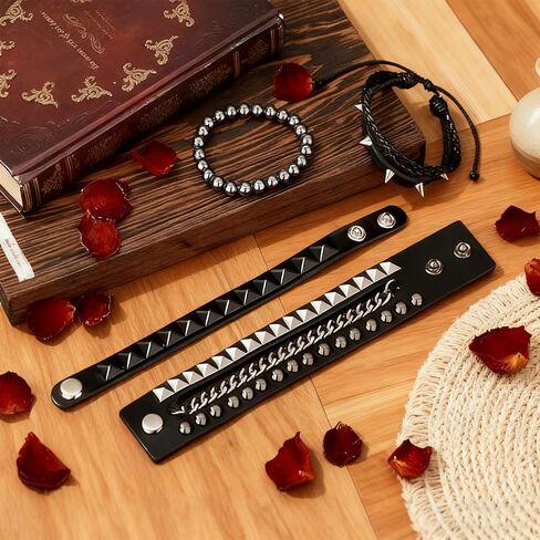 4 Pcs Leather Studded Bracelets, Punk Leather Rivets Bracelets, Wristband Bracelet Set For Men Women Rocker Outfits Skull Bracelet Accessories Set For 80s 90s Outfits in Saudi Arabia