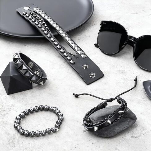 4 Pcs Leather Studded Bracelets, Punk Leather Rivets Bracelets, Wristband Bracelet Set For Men Women Rocker Outfits Skull Bracelet Accessories Set For 80s 90s Outfits in Saudi Arabia