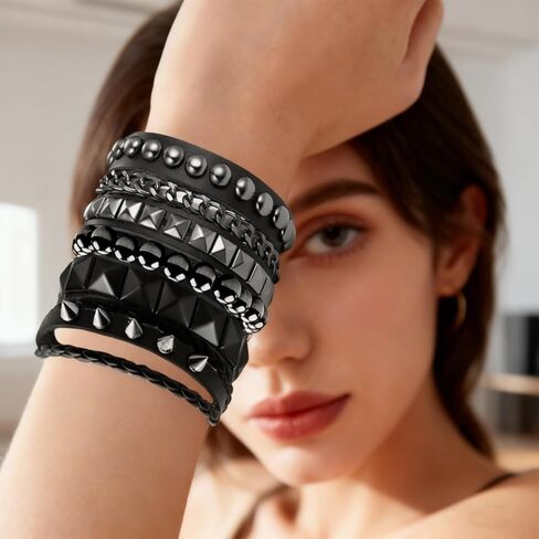 4 Pcs Leather Studded Bracelets, Punk Leather Rivets Bracelets, Wristband Bracelet Set For Men Women Rocker Outfits Skull Bracelet Accessories Set For 80s 90s Outfits in Saudi Arabia