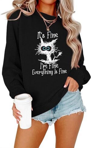 Cat Graphic Sweatshirts For Women Cute Long Sleeve Shirts I'm Fine Everything Is Fine Sweatshirt Pullover Crewneck Tops in Saudi Arabia