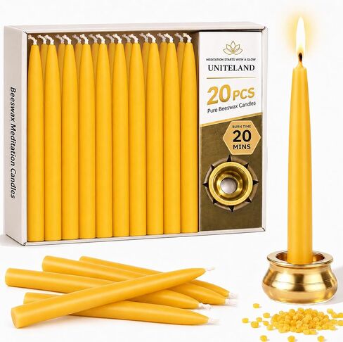 Beeswax Meditation Candles, 20 Minute Mini Taper Candles with Candle Holder | Beeswax,20Pack,Chime,Prayer,Non Toxic,Small,Spell,Birthday,Shabbat,Ritual,Yellow,Natural,Unscented,Witchcraft,Altar,Orthodox in Saudi Arabia