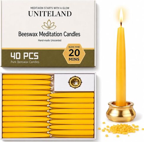 Beeswax Meditation Candles, 20 Minute Mini Taper Candles with Candle Holder | Beeswax,20Pack,Chime,Prayer,Non Toxic,Small,Spell,Birthday,Shabbat,Ritual,Yellow,Natural,Unscented,Witchcraft,Altar,Orthodox in Saudi Arabia