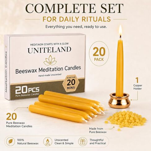 Beeswax Meditation Candles, 20 Minute Mini Taper Candles with Candle Holder | Beeswax,20Pack,Chime,Prayer,Non Toxic,Small,Spell,Birthday,Shabbat,Ritual,Yellow,Natural,Unscented,Witchcraft,Altar,Orthodox in Saudi Arabia