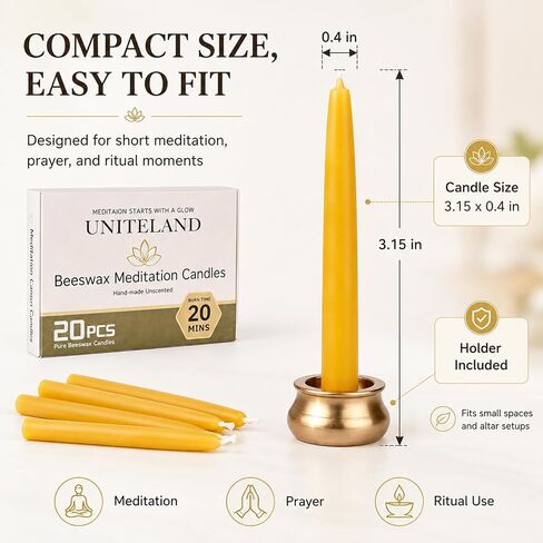 Beeswax Meditation Candles, 20 Minute Mini Taper Candles with Candle Holder | Beeswax,20Pack,Chime,Prayer,Non Toxic,Small,Spell,Birthday,Shabbat,Ritual,Yellow,Natural,Unscented,Witchcraft,Altar,Orthodox in Saudi Arabia