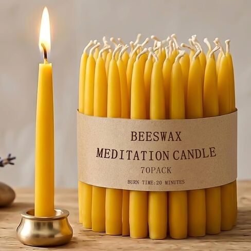Beeswax Meditation Candles, 20 Minute Mini Taper Candles with Candle Holder | Beeswax,20Pack,Chime,Prayer,Non Toxic,Small,Spell,Birthday,Shabbat,Ritual,Yellow,Natural,Unscented,Witchcraft,Altar,Orthodox in Saudi Arabia