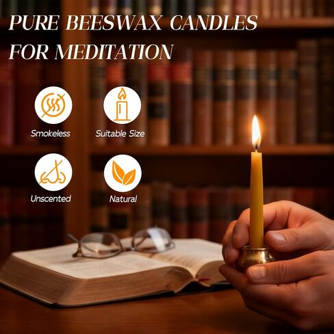 Beeswax Meditation Candles, 20 Minute Mini Taper Candles with Candle Holder | Beeswax,20Pack,Chime,Prayer,Non Toxic,Small,Spell,Birthday,Shabbat,Ritual,Yellow,Natural,Unscented,Witchcraft,Altar,Orthodox in Saudi Arabia