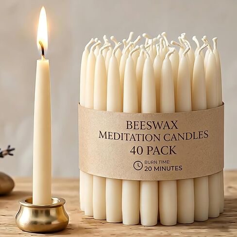 Beeswax Meditation Candles, 20 Minute Mini Taper Candles with Candle Holder | Beeswax,20Pack,Chime,Prayer,Non Toxic,Small,Spell,Birthday,Shabbat,Ritual,Yellow,Natural,Unscented,Witchcraft,Altar,Orthodox in Saudi Arabia