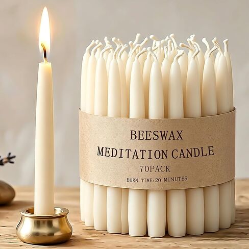 Beeswax Meditation Candles, 20 Minute Mini Taper Candles with Candle Holder | Beeswax,20Pack,Chime,Prayer,Non Toxic,Small,Spell,Birthday,Shabbat,Ritual,Yellow,Natural,Unscented,Witchcraft,Altar,Orthodox in Saudi Arabia