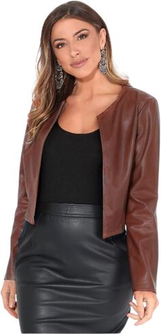 KRISP Women Faux Leather Cropped Jacket Long Sleeve Ladies PU Bolero Blazer in Kuwait