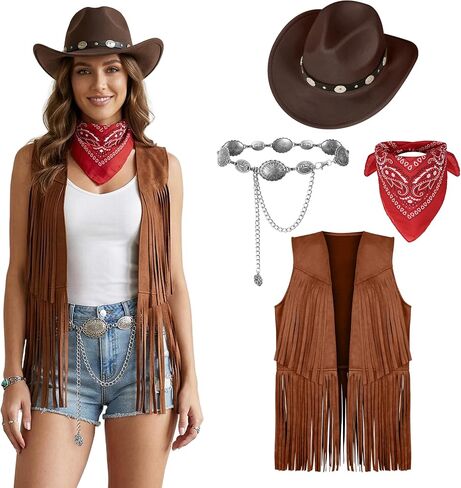 CICOCI Western Outfits for Women With Cowboy hat Cowgirl Costume Tassel Sleeveless Vest Halloween Costume Full Set in Saudi Arabia