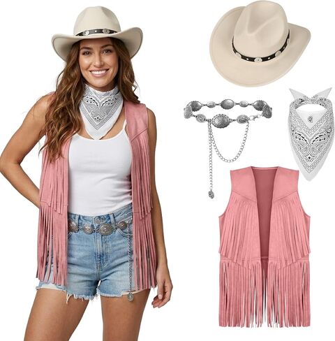 CICOCI Western Outfits for Women With Cowboy hat Cowgirl Costume Tassel Sleeveless Vest Halloween Costume Full Set in Saudi Arabia