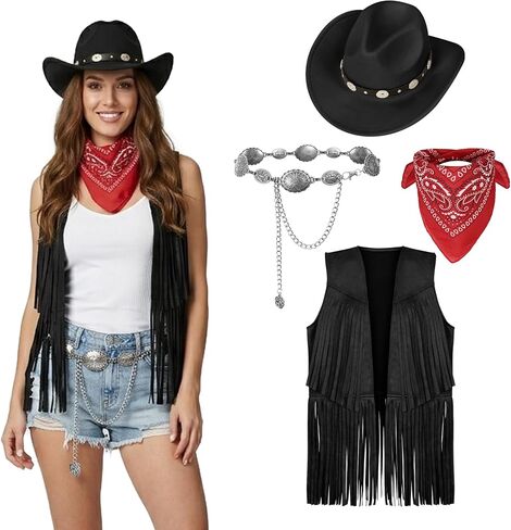 CICOCI Western Outfits for Women With Cowboy hat Cowgirl Costume Tassel Sleeveless Vest Halloween Costume Full Set in Saudi Arabia