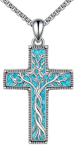 Cross Necklace 925 Sterling Silver Opal/Turquoise Cross Pendant Necklace Christian Religous Jewelry Gifts for Women Her,with Stainless Steel Chain in Saudi Arabia