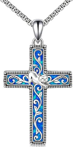 Cross Necklace 925 Sterling Silver Opal/Turquoise Cross Pendant Necklace Christian Religous Jewelry Gifts for Women Her,with Stainless Steel Chain in Saudi Arabia