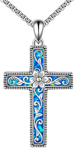 Cross Necklace 925 Sterling Silver Opal/Turquoise Cross Pendant Necklace Christian Religous Jewelry Gifts for Women Her,with Stainless Steel Chain in Saudi Arabia