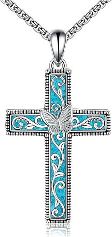 Cross Necklace 925 Sterling Silver Opal/Turquoise Cross Pendant Necklace Christian Religous Jewelry Gifts for Women Her,with Stainless Steel Chain in Saudi Arabia