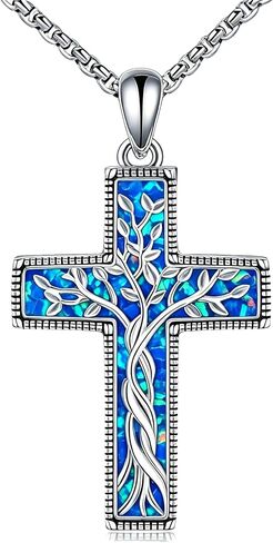 Cross Necklace 925 Sterling Silver Opal/Turquoise Cross Pendant Necklace Christian Religous Jewelry Gifts for Women Her,with Stainless Steel Chain in Saudi Arabia
