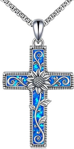 Cross Necklace 925 Sterling Silver Opal/Turquoise Cross Pendant Necklace Christian Religous Jewelry Gifts for Women Her,with Stainless Steel Chain in Saudi Arabia