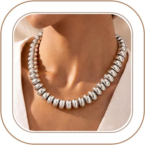 Chunky Beaded Necklace for Women - Silver/Gold Plated Big Large Round Beaded Necklace, Trendy Statement Gold Jewelry, Womens Anniversary Birthday Jewelry Gifts in Saudi Arabia