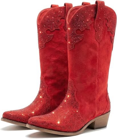 Women Mid Calf Western Cowboy Boots with Rhinestone Embellished Leather, Pink Cowgirl Boots with Square Toe and Mid Heel Sparkly Western Style in Saudi Arabia