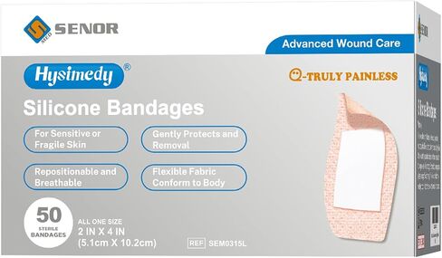 Hysimedy Silicone Bandages for Sensitive Fragile Skin 2"x4" 50 Count Flexible Fabric Latex Free Hypoallergenic Breathable Large Bandages for Wounds Easy Painless Removal for Geriatric and Children in Saudi Arabia