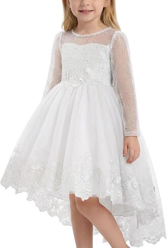 21KIDS Flower Girls Lace Dress Long Sleeve Wedding Prom Party Elegant Fancy Girls Dresses Size 4-7Y in Kuwait