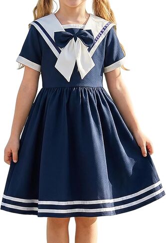 OBEEII Girls 1950s Vintage Dress Retro Sailor Collar Cocktail Swing Midi Dress Audrey Hepburn Rockabilly Tea Party Dresses in Kuwait